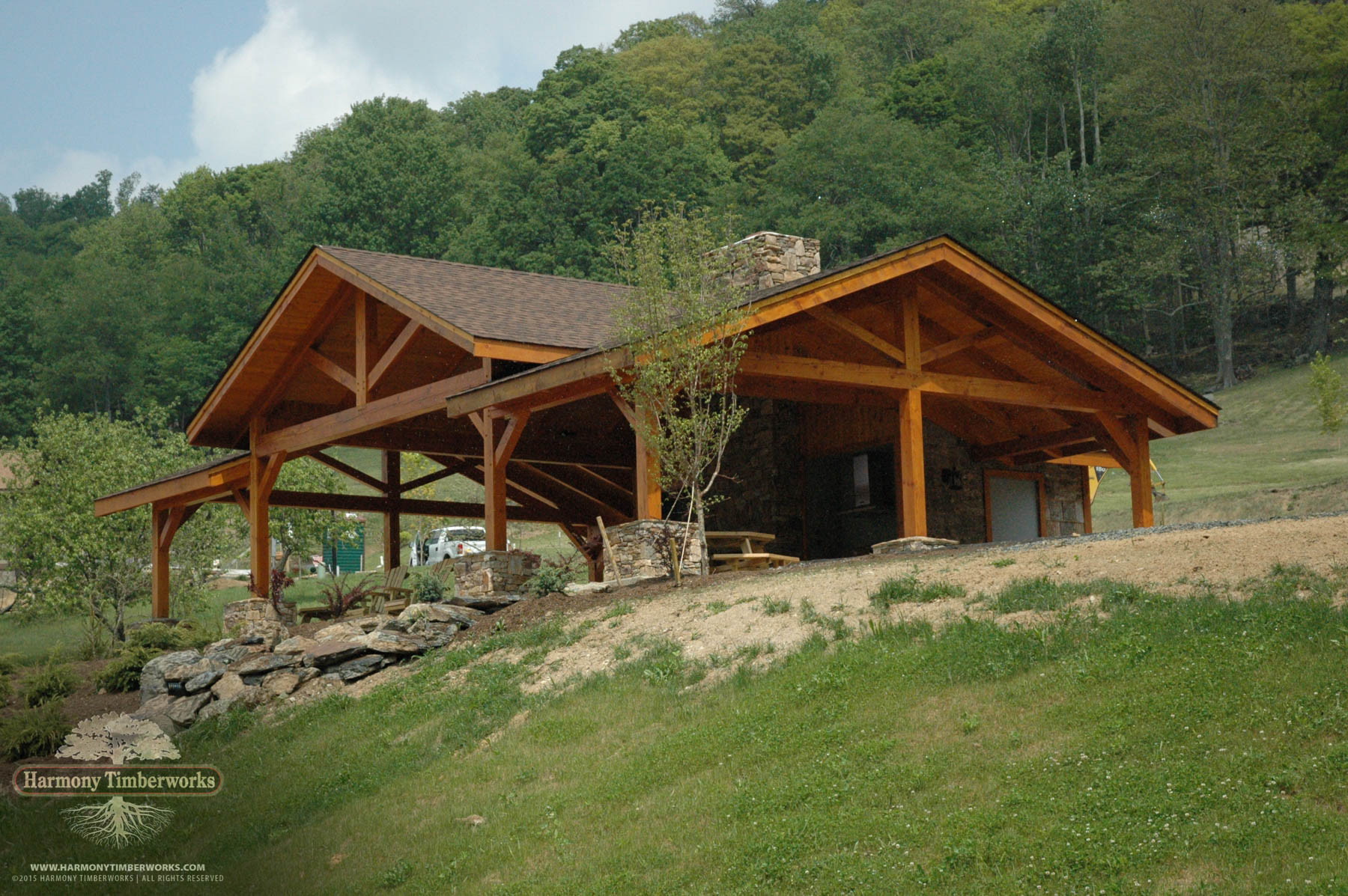 Apple Orchard, Open Timber Frame Pavilion w/ Lean-Tos