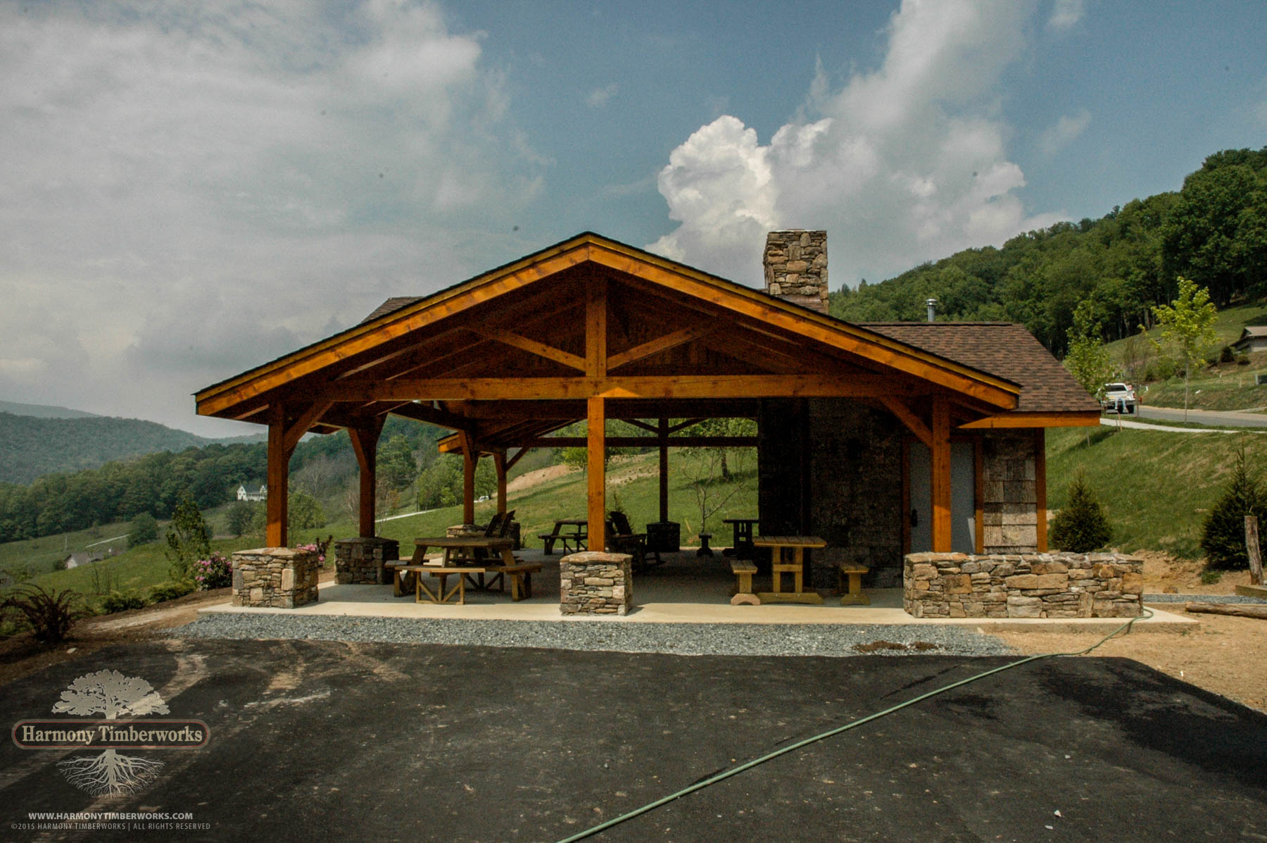 Side View, Apple Orchard Open Timber Frame Pavilion