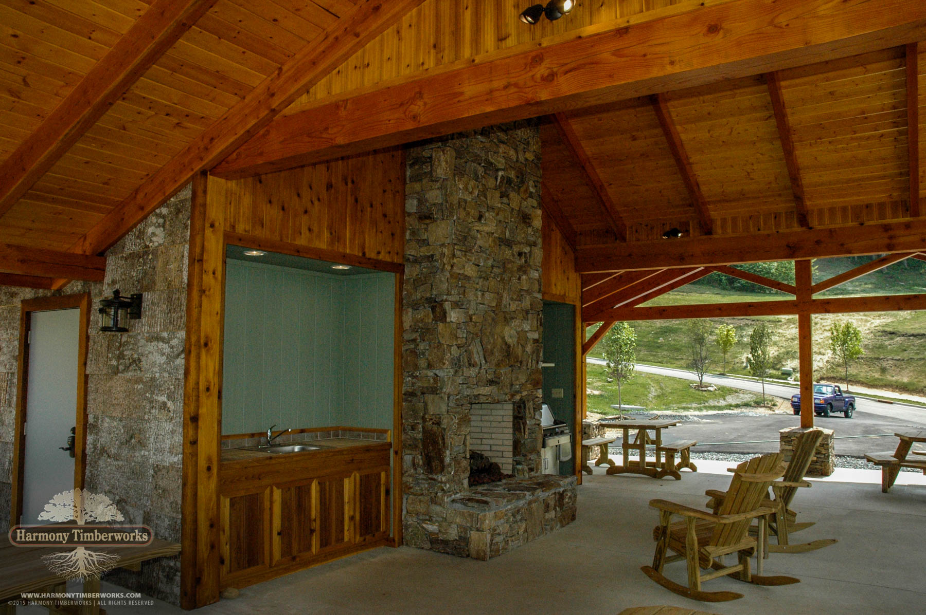 Interior, Apple Orchard Brick Fireplace Timber Pavilion