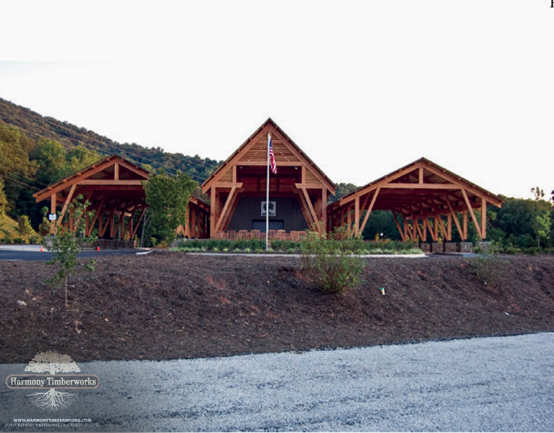 Exterior View, Wide Multi-Structure Timber Pavilion